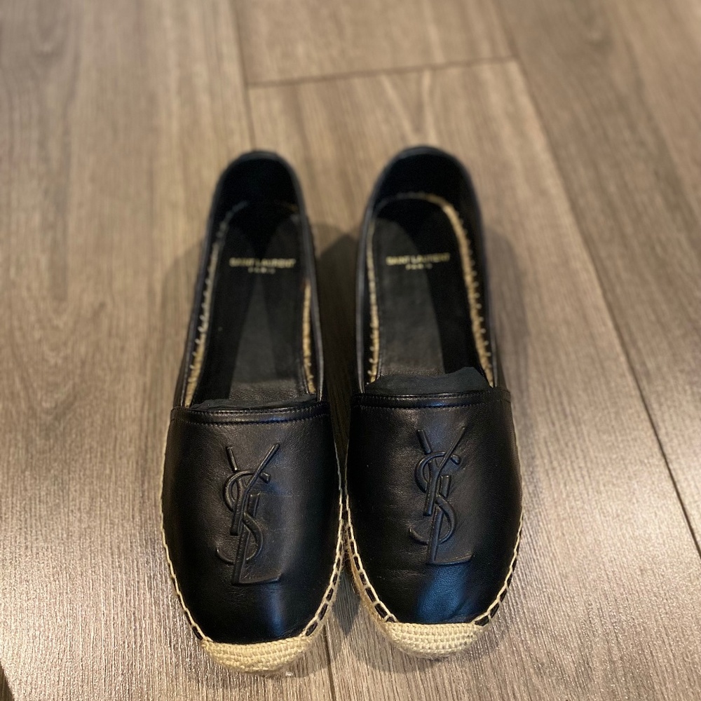 YSL Saint Laurent Black Leather Espadrille Flat Shoes (Size 37)